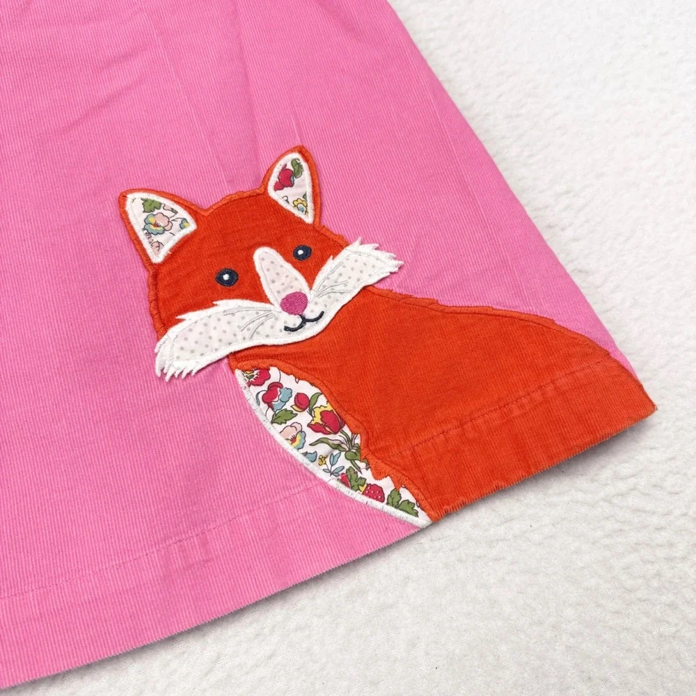 Mini Boden Dress Girls Size 5 / 6 Pink Corduroy Fox Pinnie Back to School